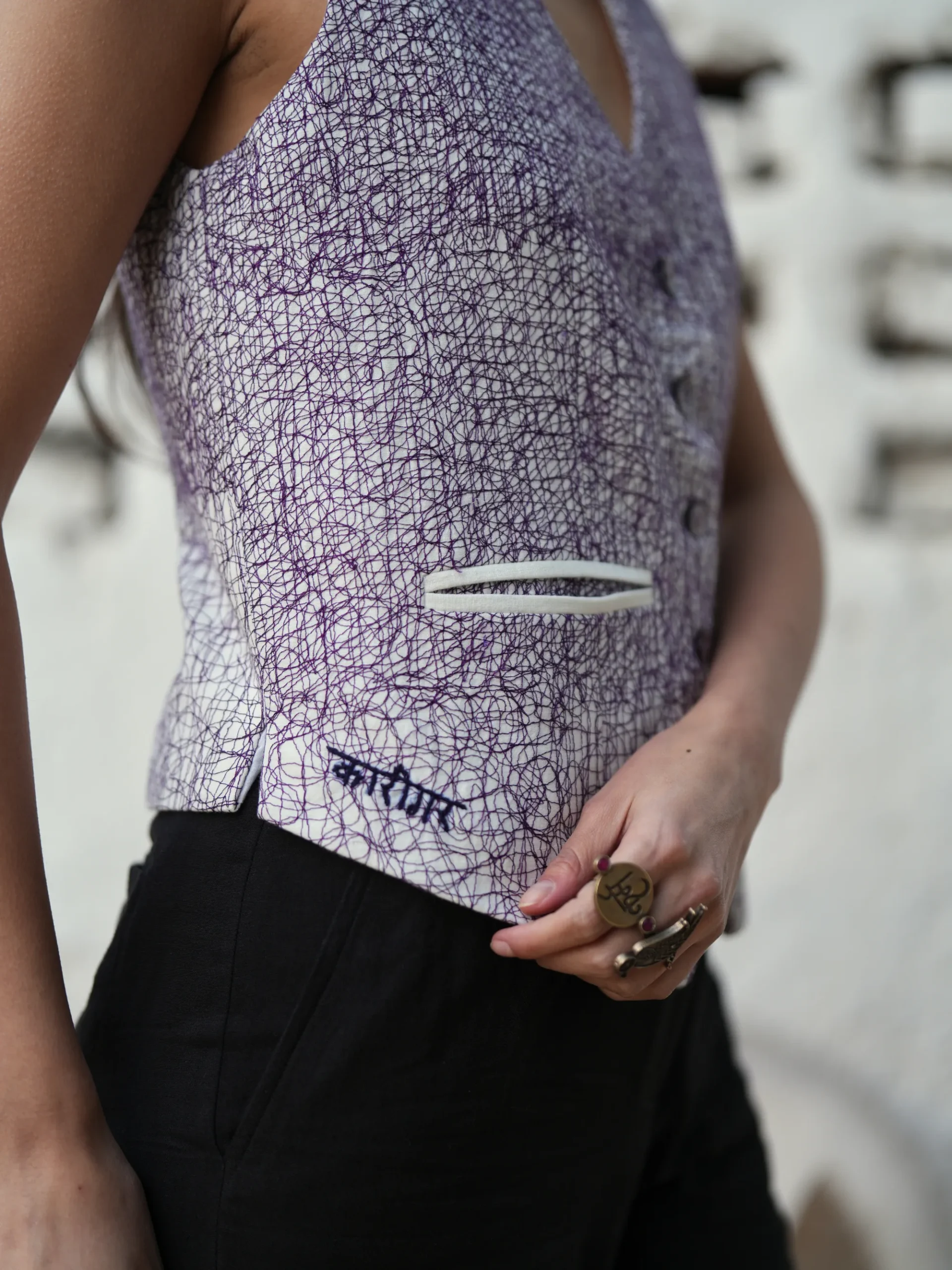 Purple unravelled threads waistcoat